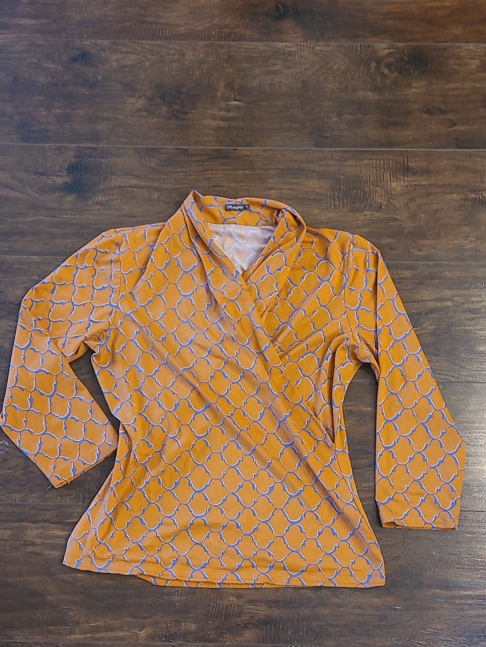 J McLaughlin  Orange Patterned Wrap-Style Long Sleeve Top Career Wear Size M